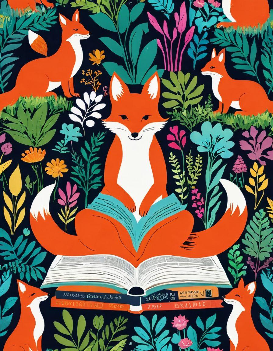 A whimsical and vibrant collage that harmoniously blends erotic media symbols like books and soft lighting with playful furry animal companions like foxes and rabbits interacting in a lush, colorful landscape. The atmosphere should feel inviting and playful, highlighting themes of sensuality and companionship. Incorporate elements that represent sexual wellness, such as natural herbs and calming aesthetics. super-realistic. vibrant colors. whimsical style.