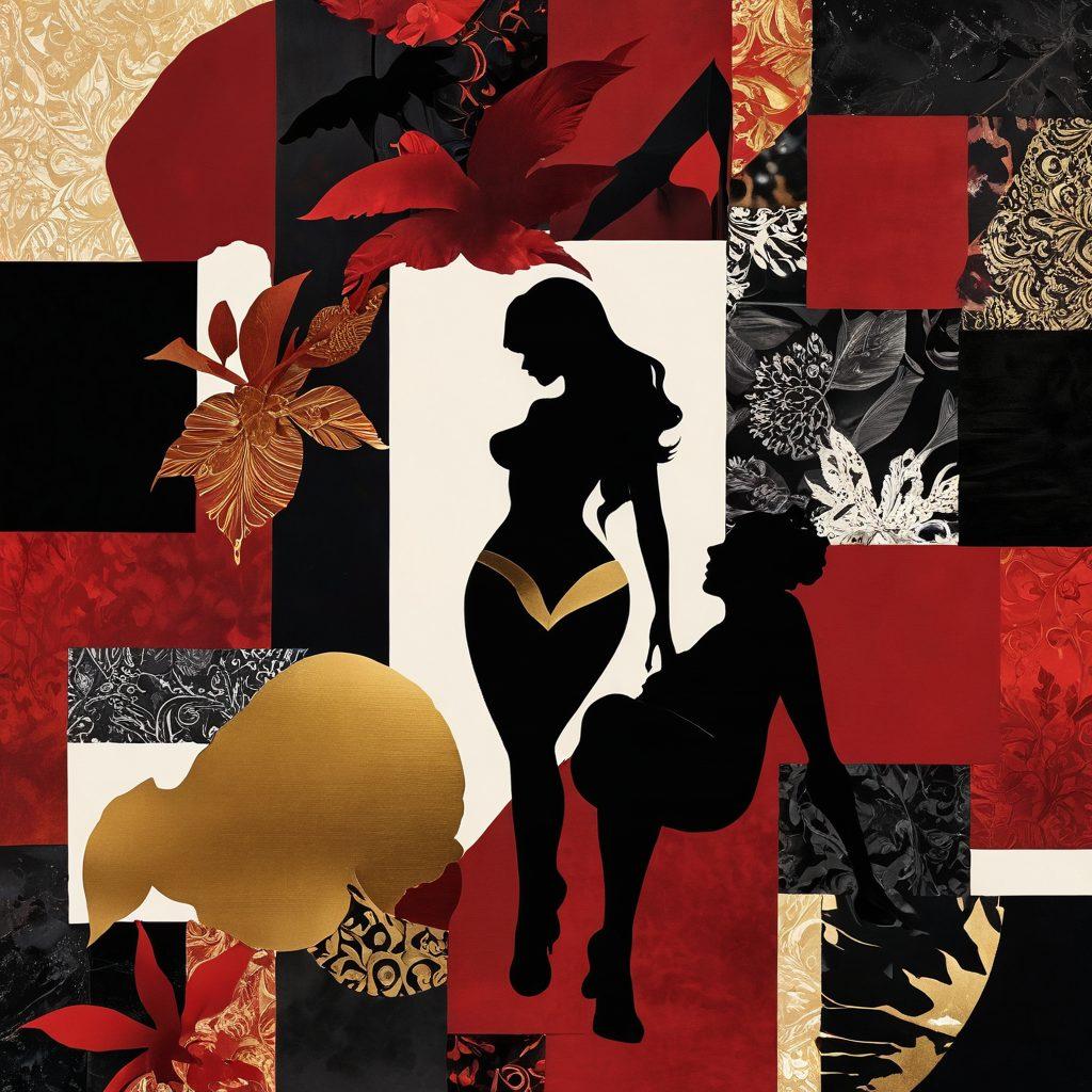 A visually captivating scene featuring a collage of artistic representations of various adult entertainment elements, including suggestive silhouettes, romantic imagery, and subtle hints of animal motifs, set against a sophisticated and moody backdrop. The color palette incorporates deep reds, golds, and blacks to evoke a sense of allure and mystery. Incorporate abstract patterns to symbolize a deep dive into the subject matter. 3D, vibrant colors, abstract art.